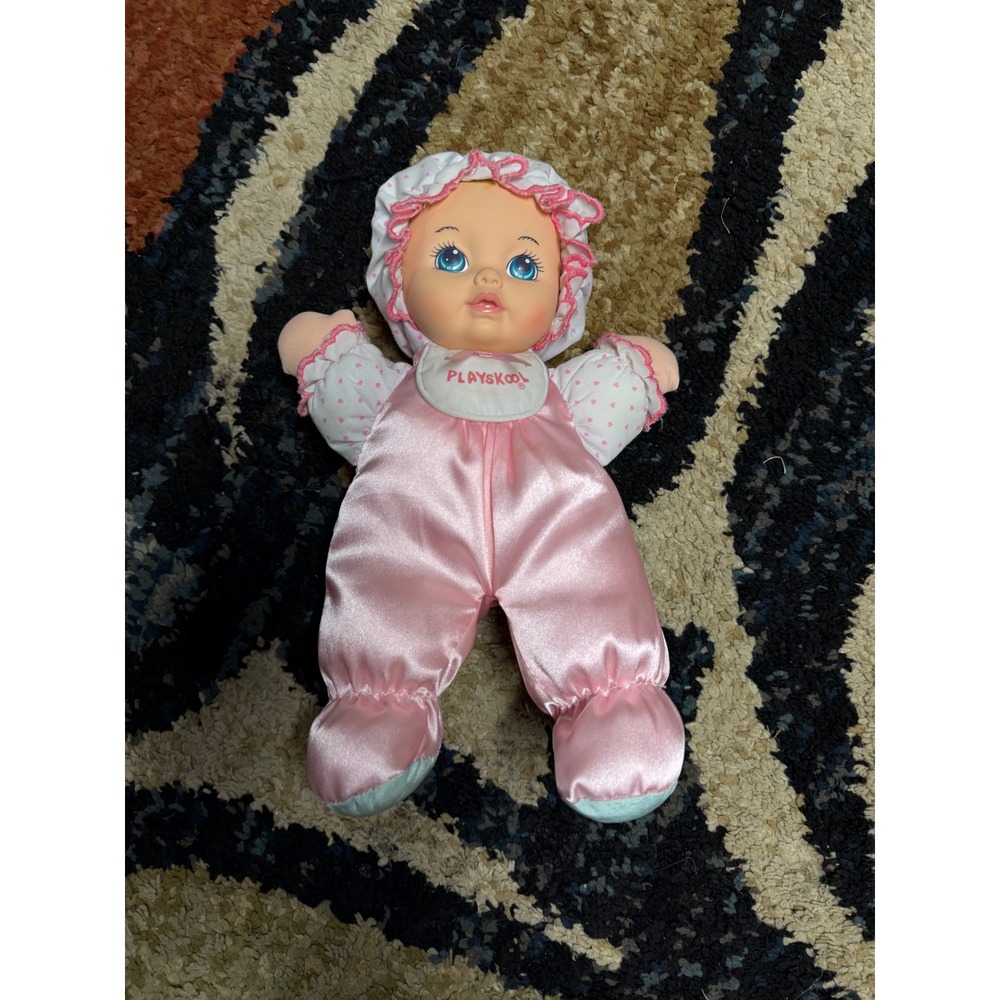 Vintage Playskool Hasbro Baby Doll Pink Satin Romper Heart Print Blue Eyes Plush